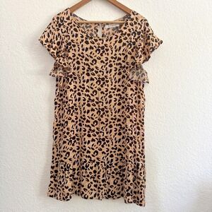 Basement Cheetah Print Ruffle Short Sleeve Dress Tan Women Size XL